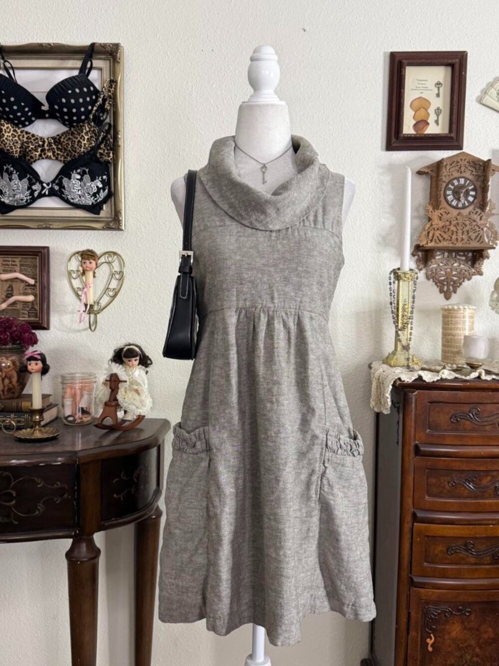 Y2k preppy twee whimsical dainty linen and cotton blend cowl neck babydoll dress